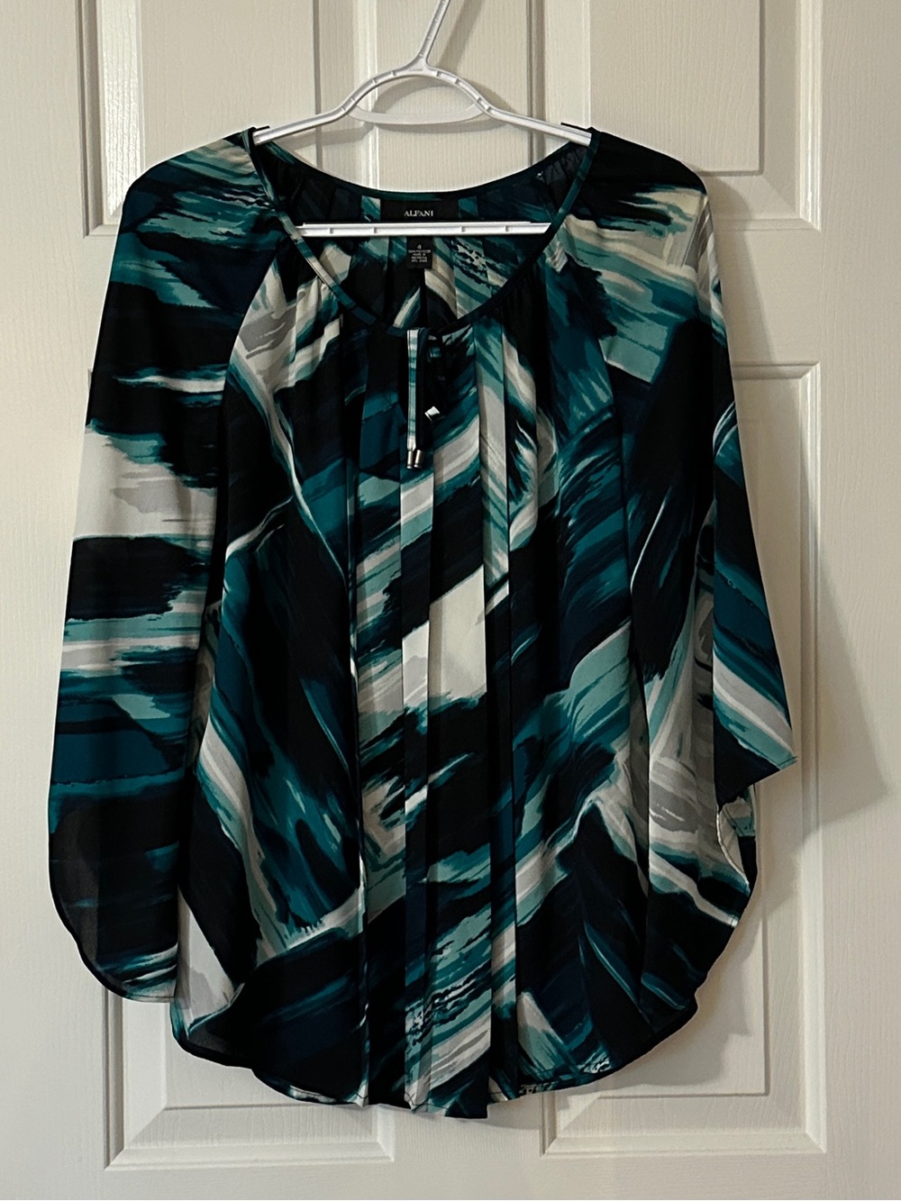 Alfani Blue Teal & Black Abstract Pleated Tie-Neck Blouse